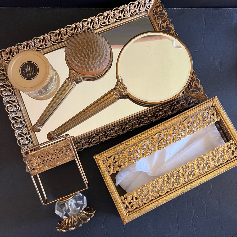 Hollywood Regency Gold Ton Filigree Vanity Set of 6 Boudoir Decor